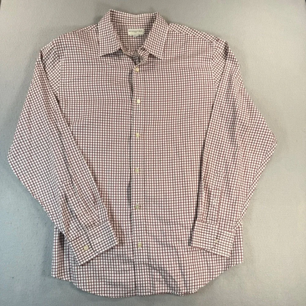 Banana Republic Mens XL Maroon White Graph Check Button Down Shirt Long Sleeve
